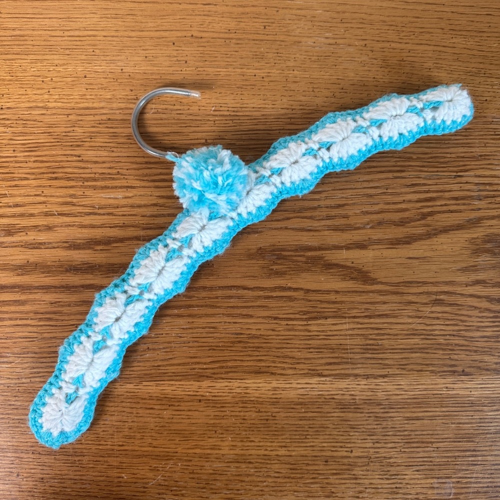 Vintage Handmade Crochet Padded Clothes Hanger Blue White Knit Pom Pom 16.5 Inch